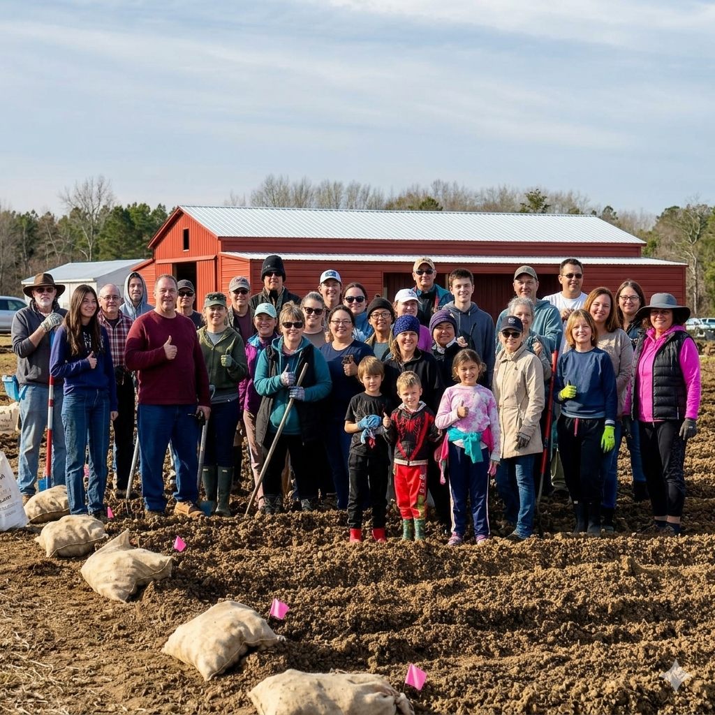 Volunteers pausing during spring potato planting